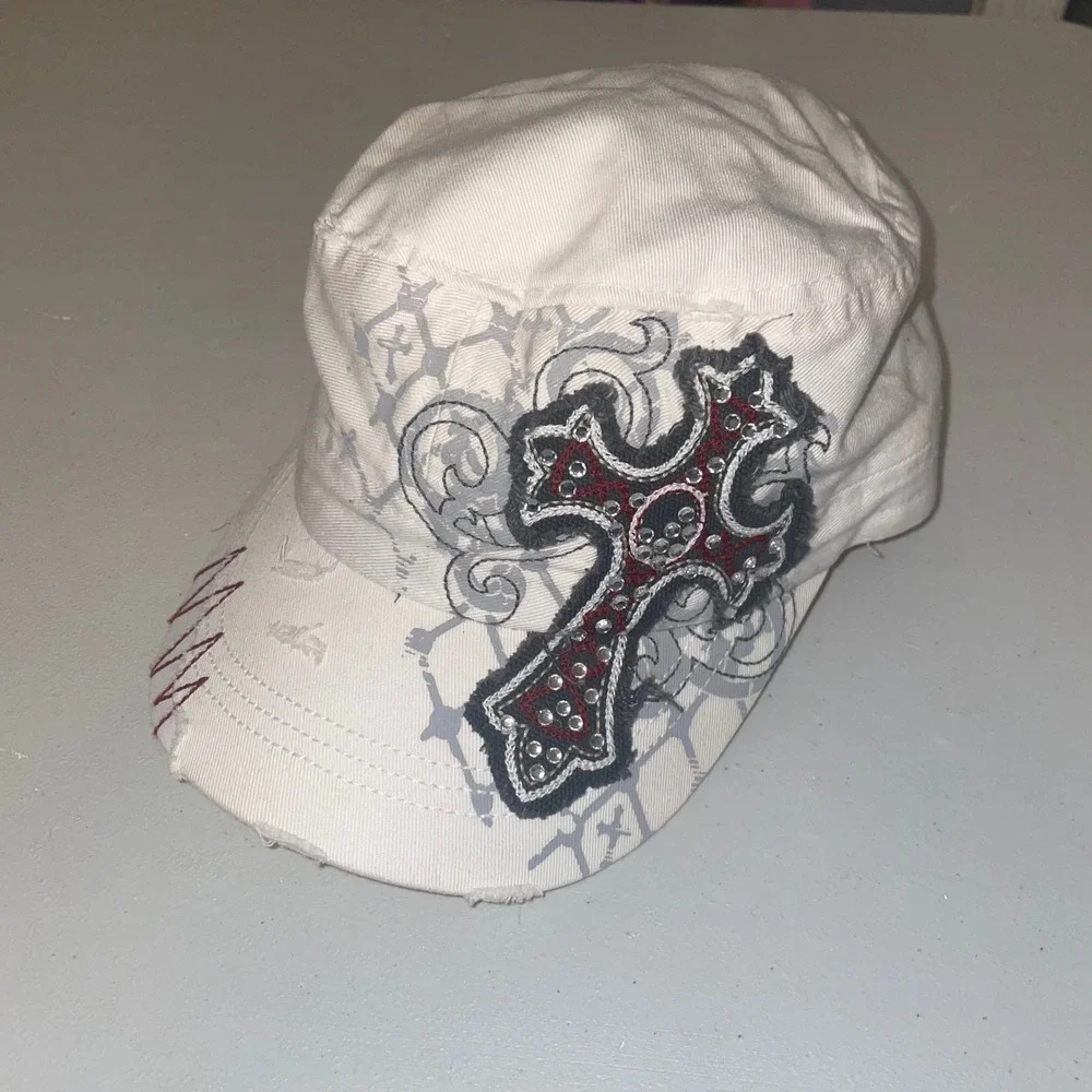 BKE White Military Style Hat Rhinestone Cross Adjustable Cap - Picture 1 of 5